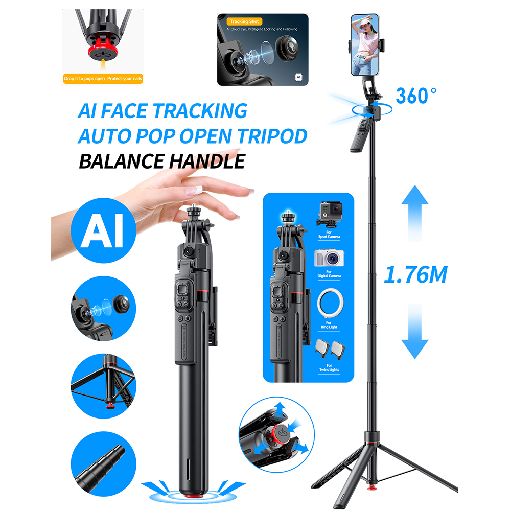 Photography Basics - AIジンバル三脚付き自撮り棒360°回転 ° スマホ用オートフォローアップ顔自動ポップアップ追跡ジンバルオールインワンホルダー